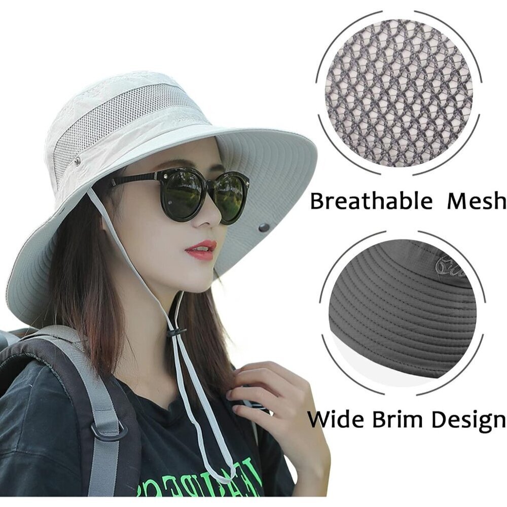 Unisex Dark Grey Polyester Wide Brim Mesh Vent Chin Strap Classic Cowboy Hat - Picture 3 of 6